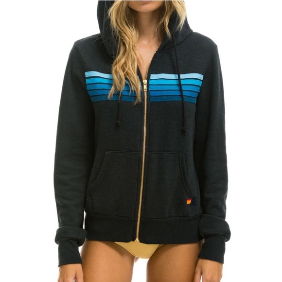 Aviator Nation Small Unisex Five Stripe Zip Hoodie Blue Stripes - Picture 2 of 5